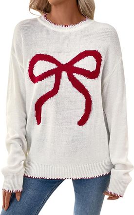 Generic Christmas Jumpers for Women Oversized Sweatshirt Ugly Sweater Cozy Knit Pullover Sweater with Bow Casual Womens Soft Crewneck Winter Holiday Party Out