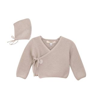 Fragile Garter Knit Wrap Cardigan Set with Bonnet in Mushroom at Nordstrom, Size 18M