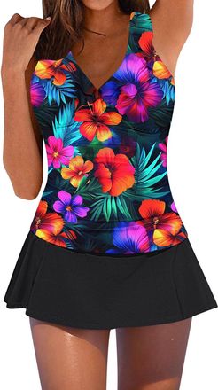 Generic Swimsuit Tankini Sets for Women UK Two Piece Tummy Control with Skirt V Neck Bathing Suit Summer Beach Wear Swimsuits Black XXL