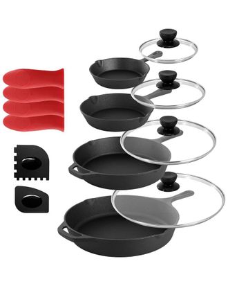 MegaChef 13Pc Cast Iron Skillet Set With Tempered Glass Lids