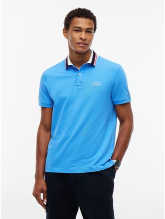 Tommy Hilfiger Mens Regular Fit Striped Collar Pique Polo - Blue Spell - XXL