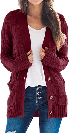 Generic Long Cardigans for Women Chunky Knit Button Down Cardigan Sweater with Pockets Casual Long Sleeve Open Front Coat Fall Cardigan Sweaters for Women (Wi