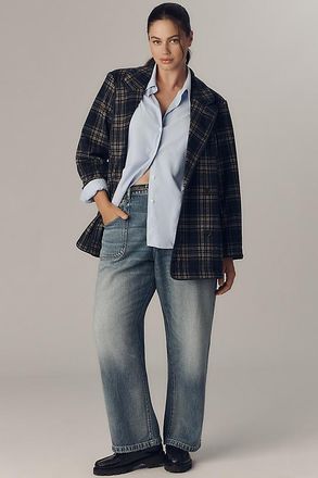 Avec Les Filles Double-Breasted Knit Plaid Blazer Jacket