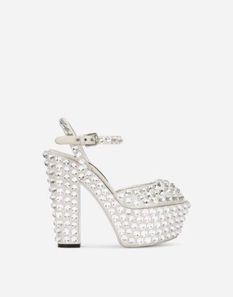 Dolce & Gabbana Satin Platforms With Fusible Rhinestones - Woman Sandals And Wedges Silver 37.5