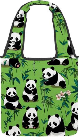 Generic Cute Panda on Green Reversible Canvas Shoulder Tote - Double-Sided Print, 12oz Cotton, 27cm Drop, Fold-Flat Bag for Travel, Shopping, Street Outings
