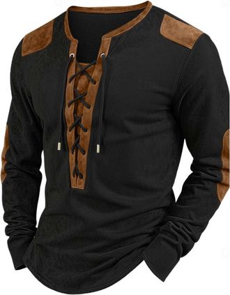 Generic Mens Casual T Shirt Blouse Top 2024 and Winter Spliced Outdoor Street Long Sleeved Drawstring Mens T Shirt Mens Size Medium Shirts (Black, XL)