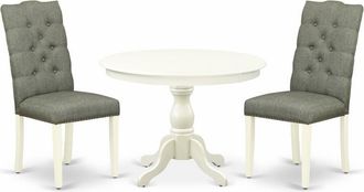 East West Furniture HBEL3-LWH-07 3 Piece Dining Room Set - Linen White Wood Dining Table and 2 Smoke Linen Fabric Mid Century Modern Chairs Button Tufted Back with Nail H