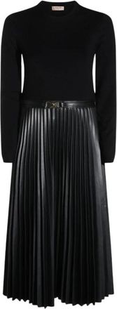 Twinset Gekreukte Georgette Midi Jurk - Dames - Casual kleedjes - Zwart - XS - Polyester - Kleedjes