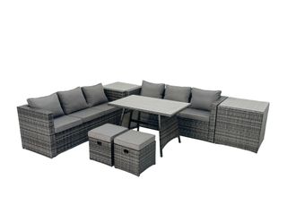 Fimous Rattan Dining Table Sofa Set with 2 Side Table Small Footstool Outdoor in Dark Grey
