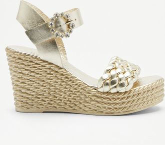 Russell & Bromley AUSTIN Womens Gold Leather Woven Gem Buckle Wedge Sandal