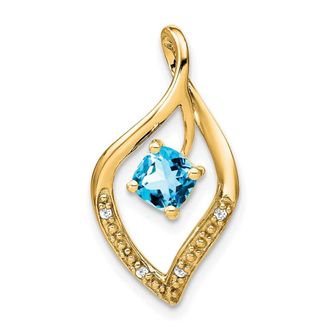 Diamond2Deal 14k Yellow Gold 5mm Cushion Blue Topaz and Diamond Leaf Chain Slide