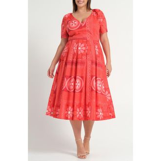 Estelle Amity Pleated Puff Sleeve Cotton Fit & Flare Dress in Crimson Tile at Nordstrom, Size 16W