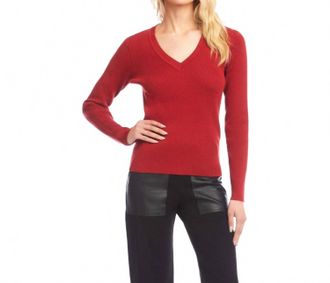 Karen Kane Ribbed V-Neck Sweater In Tomato