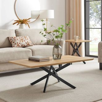 Furniturebox Leonardo Rectangular Oak Veneer & Black Coffee Table in Light Brown