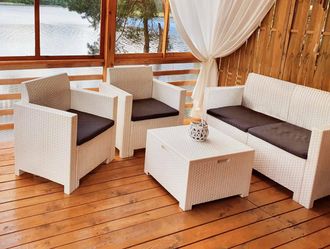 Dmora Dmora - Conjunto De Sal&oacute;n Exterior Dmotto, Conjunto De Jard&iacute;n Con Cojines, Conjunto De Sal&oacute;n Interior Efecto Rat&aacute;n, 100% Made In Italy, Blanco