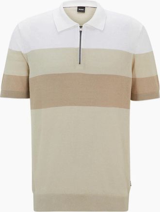 HUGO BOSS Mens Zip Neck Collared Short Sleeve Shirt - Tan - Size: 2X large
