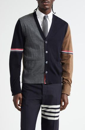 Thom Browne Fun-Mix Colorblock Relaxed Virgin Wool Cardigan in Navy/Grey/Brown at Nordstrom, Size 5