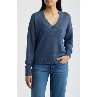 Madewell Arline Linen V-Neck Pullover in Petrol Navy at Nordstrom, Size Xx-Large