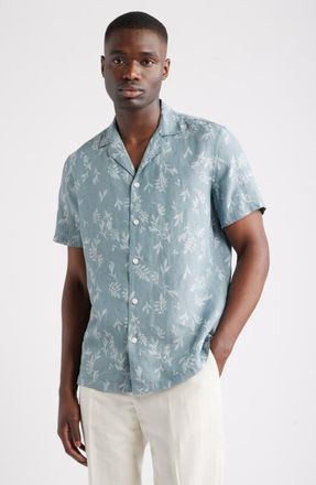 Nordstrom Botanical Print Linen Camp Shirt in Blue Spruce Stamped Leaves at Nordstrom, Size Xxx-Large