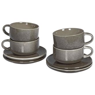 Beliani Conjunto De 4 Tazas Con Platillos Para T&eacute; Caf&eacute; De Gres Caol&iacute;n Artesanal Acabado Esmalte Reactivo Gris Costmary