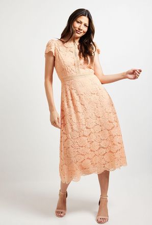 Wallis Womens Lace Fit And Flare Midi Dress - Peach - Size 10 UK