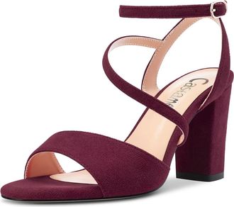 Castamere Women Chunky Block High Heel Peep Open Toe Ankle Strap Sandals Dress Wedding 8 CM Heels Burgundy Wine Red Suede 8 UK