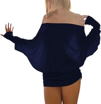 Generic Off The Shoulder Mini Dress for Women Sheer Batwing Sleeve Dress Loose Fit Batwing Ruched Casual Party Club Night Out Dresses (Dark Blue,L)
