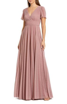 Mac Duggal Womens Pleated Metallic Flutter Sleeve V-Neck A-Line Gown in Dusty Rose at Nordstrom, Size 18