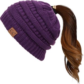 C.C Exclusives Soft Stretch Cable Knit Messy Bun Ponytail Beanie Winter Hat for Women (MB-20A), Purple, One Size