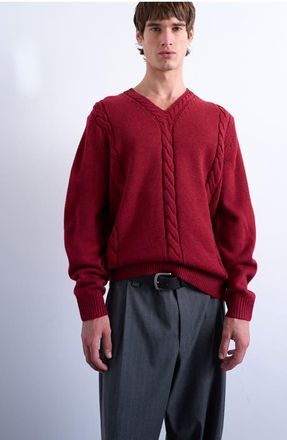 Topman V-Neck Cable Sweater in Red at Nordstrom, Size Xx-Large