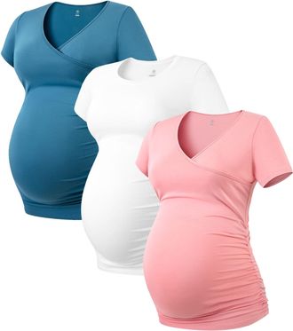 Lapasa Womens Maternity Tops, Soft Modal Cotton Pregnancy Tshirts, Side Ruched Crew Neck Short Sleeve Tees L55, Multicolor 8, XXL