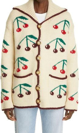 Bode Cherry Intarsia Merino Wool & Mohair Cardigan in Natural at Nordstrom, Size Small