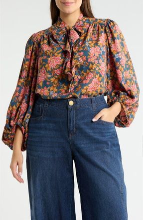 Wit & Wisdom Floral Tie Neck Peasant Top in Navy/Vintage Lilac Multi at Nordstrom, Size 3X