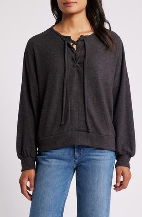 Loveappella Lace-Up Knit Top in Black at Nordstrom, Size X-Small