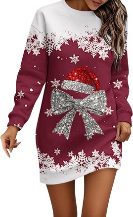 Generic Christmas Dresses for Women Ladies Christmas Dress Long Sleeve Jumper Dress for Women UK Round Neck Xmas Graphic Print Women Dresses Winter Casual Dre