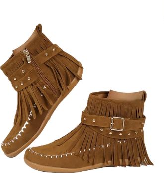 Generic Womens Boots Ankle Cowboy Boots For Women Short Wide Width Cowboy Booties Western Fringe Fashionable Outdoor Short With Zipper Round Toe Flats Winter 