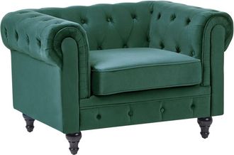Beliani Sill&oacute;n Tapizado En Terciopelo Verde Patas De Madera Oscura Estilo Contempor&aacute;neo Chesterfield