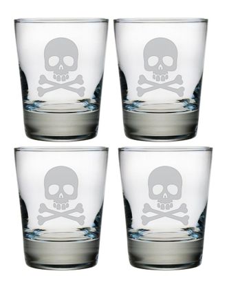 SUSQUEHANNA GLASS Skull & Bones Set Of 4 Double Old-Fashioned Glasses