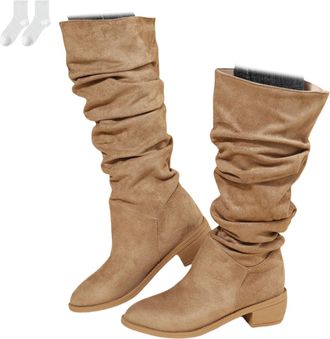 Generic Womens Slouch Boots, Winter Mid-Calf Boots, Soft Suede-Look Slip-On Boots with Low Block Heel, Comfortable Winter Boots in Plus Sizes for Everyday Wea