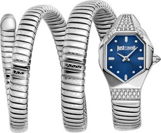 Just Cavalli Snake Wraparound Bracelet Watch, 22mm x 34.5mm in Silver/Blue at Nordstrom Rack
