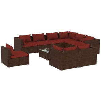 vidaXL Set Muebles De Jard&iacute;n 10 Pzas Y Cojines Rat&aacute;n Sint&eacute;tico Marr&oacute;n Vidaxl