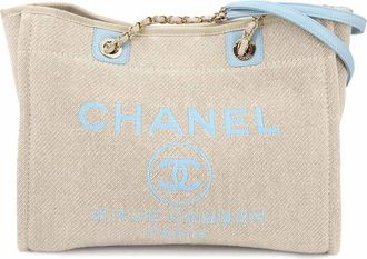 Chanel Beige Blue Canvas Leather Tote Bag (Pre-Owned)