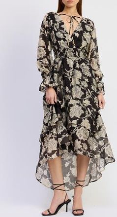 En Saison Elisabet Ruffle Long Sleeve High-Low Maxi Dress in Black/Ivory at Nordstrom Rack, Size X-Small