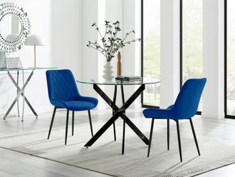 Furniturebox Novara 100cm Round Black Leg Dining Table & 2 Pesaro Black Leg Chairs in Navy
