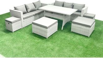 Fimous Rattan Garden Furniture Set Outdoor 10 Seater Patio Dining Sets with Glass Top Dining Table Light Grey Mixed - Fimous