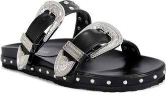Azalea Wang Tegan Studded Two-Strap Sandal in Black at Nordstrom, Size 6.5