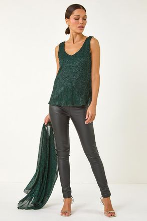 Roman V-Neck Metallic Plisse Vest Top
