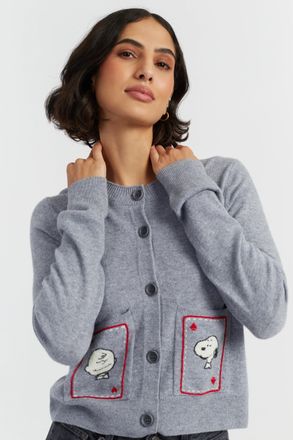 Chinti and Parker Grey Wool-Cashmere Snoopy & Charlie Brown Cardigan