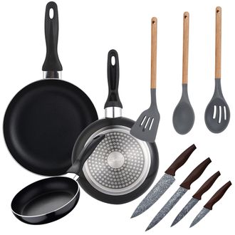 San Ignacio Set Sartenes Navy Black 16/20/24 Cms. Al. Prensado, Inducci&oacute;n, Con Set 4 Cuchillos De Cocina, Acero Inoxidable, Con Set 3 Utensilios De Cocina, Nylon