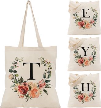 Generic Floral Initial Tote Bag - 15x16 Canvas Bags for Women - Bridesmaid Hen Party Shopping Large Bag Teacher Birthday Gift C2 (Initial T)